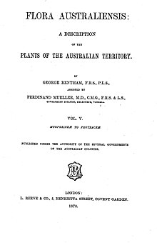 George Bentham's taxonomic arrangement of Banksia was first published in Volume V of Flora Australiensis. Flora Australiensis V5 title page.jpg