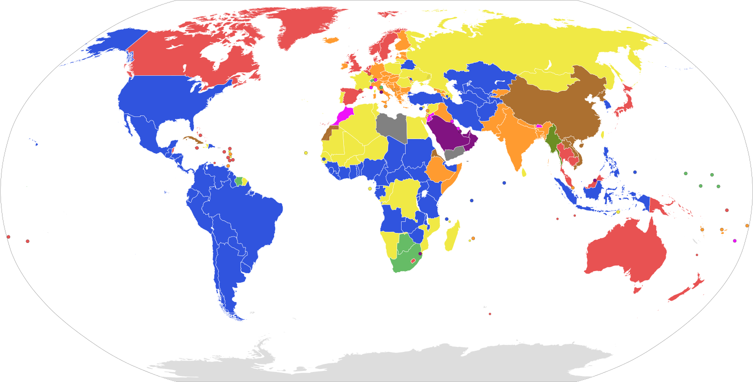 World's states coloured by form of government1          Full presidential republics2      Semi-presidential republics2       Parliamentary republics with an executive president dependent on the legislature      Parliamentary republics2       Parliamentary constitutional monarchies      Constitutional monarchies which have a separate head of government but where royalty still hold significant executive and/or legislative power       Absolute monarchies      One-party states       Countries where constitutional provisions for government have been suspended (e.g. military dictatorships)      Countries which do not fit any of the above systems     1This map was compiled according to the Wikipedia list of countries by system of government. See there for sources. 2Several states constitutionally deemed to be multiparty republics are broadly described by outsiders as authoritarian states. This map presents only the de jure form of government, and not the de facto degree of democracy.