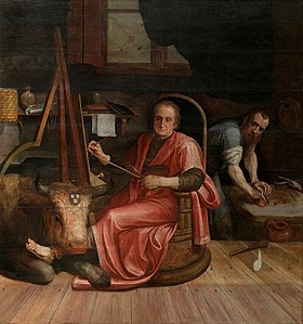 Floris' friend the painter Rijckaert Aertsz as Saint Luke. Floris himself models the pigment grinder