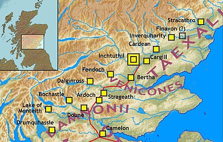 Forts and Fortlets associated with the Gask Ridge from south to north Balmuildy, Cadder, Castlecary, Mumrills, Camelon, Drumquhassle, Malling, Doune, Glenbank, Bochastle, Ardoch, Sheilhill, Strageath, Dalginross, Midgate, Bertha, Fendoch, Cargill, Cardean, Inchtuthil, Inverquharity, Stracathro Gask Ridge.jpg