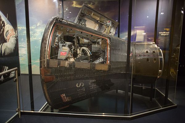 The Gemini 12 capsule from the 1966 10th and final mission of Project Gemini, flown by Jim Lovell and Buzz Aldrin (exhibited at Chicago's Adler Planet