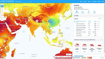 Global Solar Atlas (GSA v2.2): screenshot of the interactive map interface (status Jun 2020). Global Solar Atlas (GSA v2.2) screenshot.jpg