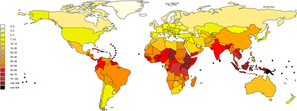 Global burden of leptospirosis calculated as Disability-adjusted life year (DALY) lost per 100,000 people per year.