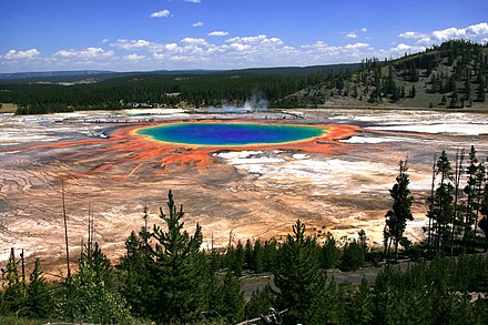 Grand Prismatic Spring and Midway Geyser Basin in Yellowstone National Park