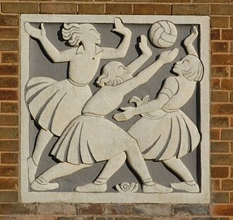 Relief carving at Great Barr School, Birmingham, England, showing girls playing netball. Great Barr School 05.jpg