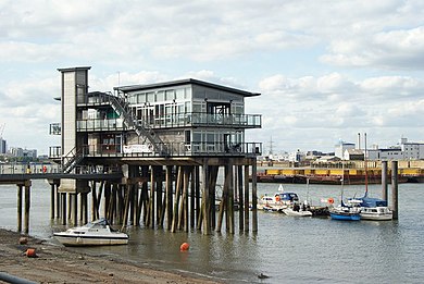 Greenwich Yacht Club clubhouse, viewed at low tide Greenwich Yacht Club - geograph.org.uk - 1466948.jpg