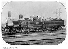 3020 Cornwall, an early LNWR express locomotive (built 1847, as pictured circa 1890) HLB Lok 2.jpg