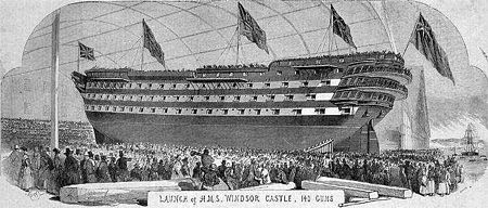 An 1852 print from the Illustrated London News of HMS Windsor Castle on the slipway on the day of her launch that year. The ship later was renamed HMS Duke of Wellington. HMSWindsorCastle1852 750.jpg