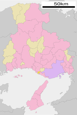 Harimas läge i Hyōgo prefektur Städer:      Signifikanta städer      Övriga städer Landskommuner:      Köpingar      Byar