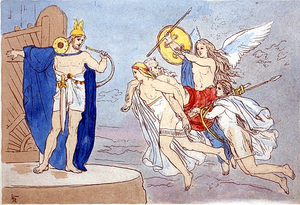 An illustration of valkyries encountering the god Heimdallr as they carry a dead man to Valhalla (1906) by Lorenz Frølich