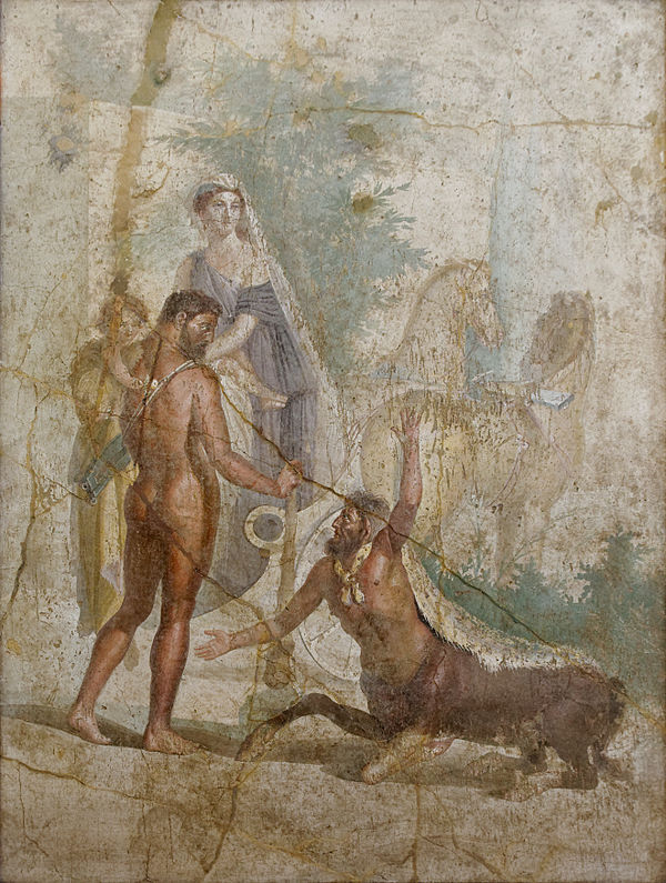 Heracles carrying his son Hyllus looks at the centaur Nessus, who is about to carry Deianira across the river on his back. Antique fresco from Pompeii