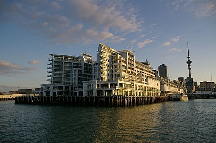Hilton Auckland on Princes Wharf with Sky Tower in background