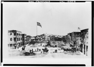 c.1850s: View north from Clay towards Washington. Mostly bare Portsmouth Square.