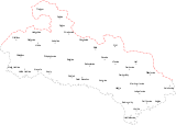 Mapa obcí v jižní části bývalého pruského okresu Ratiboř připojených v důsledku Versailleské smlouvy v letech 1920 a 1923 k Československu jako politický a soudní okres Hlučín, nová československo-německá hranice je znázorněna červeně, předválečná rakousko-pruská hranice šedě