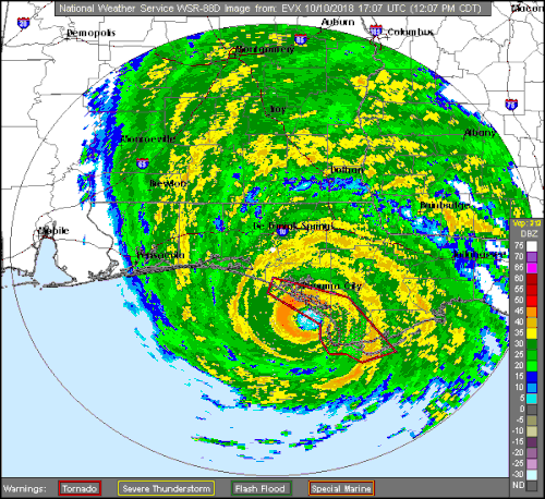 Radar animation of Michael moving onshore on October 10 as viewed from the NEXRAD radar site at Eglin Air Force Base