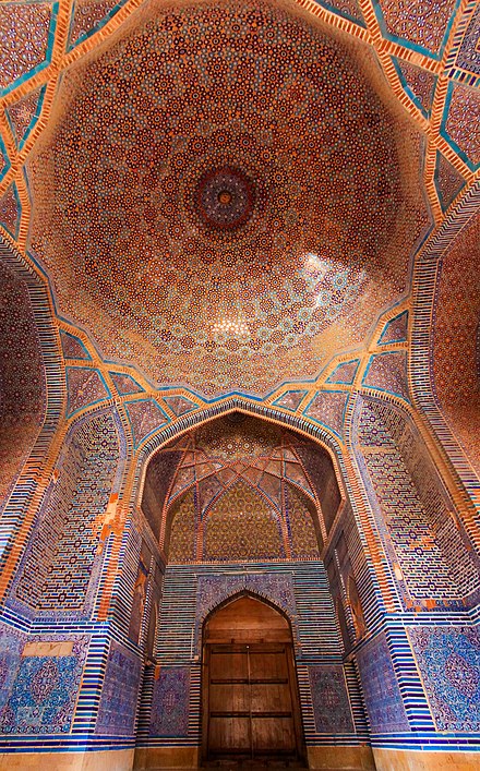 Thatta's Shah Jahan Mosque features extensive tile work that displays Timurid influences introduced from Central Asia.