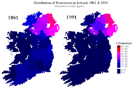 Concentration of Protestants in Ireland per county. Ireland protestants 1861-1991.gif