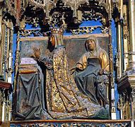 This section of the main front altar of the church of Miraflores Charterhouse in Burgos portrays Isabella at prayer. Isabella commissioned it herself in honour of her parents, who are buried within the church.