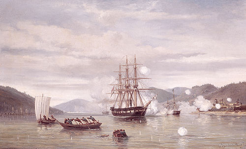 ZM Stoomschip 'Medusa' forceert de doorgang door de Straat van Simonoseki tussen Kioe-Sjioe en Hondo (Japan), september 1864