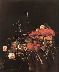 Zátiší s ovocem, květinami, brýlemi a humrem, 1660