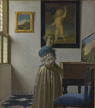 Jan Vermeer's famous painting Lady Standing at a Virginal shows a characteristic practice of his time, with the instrument mounted on a table and the player standing. Johannes Vermeer - Lady Standing at a Virginal.jpg