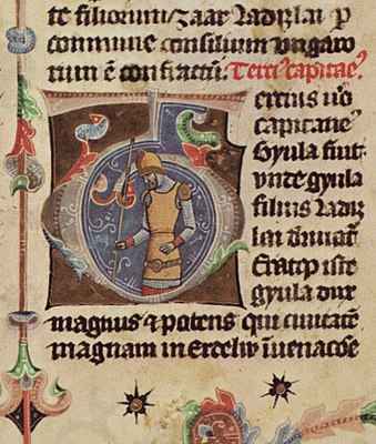 Chronicon Pictum, Hungarian, Gyula, chieftain, spear, armor, helmet, medieval, chronicle, book, illumination, illustration, history