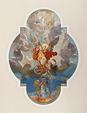 A Mihály-kápolna mennyezeti freskója, mely Mihály arkangyalnak a sátán és a bukott angyalok felett aratott győzelmét ábrázolja (Bruchsal, Baden-Württemberg, Németország)
