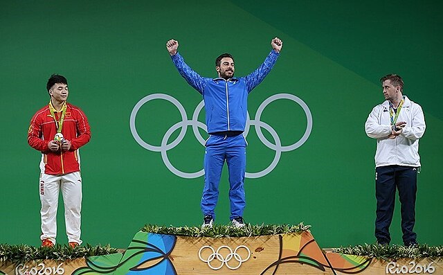 Medalists in the weightlifting men's 85 kg event. Iranian Kianoush Rostami won the competition