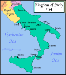 The Norman Kingdom of Sicily (in green) in 1154, upon the death of Roger II Kingdom of Sicily 1154.svg