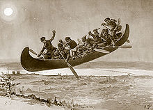Depiction of La chasse-galerie (The Flying Canoe), a popular French-Canadian folktale. The coureur des bois/voyageurs were featured in the folklore of Quebec. Lachassegalerie.jpg