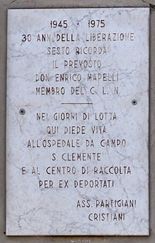 Memorial plaque on Cavour Street in memory of Don Enrico Mapelli, provost and member of the C.L.N. of Sesto San Giovanni and Bicocca. Lapide5 via cavour 14.jpg