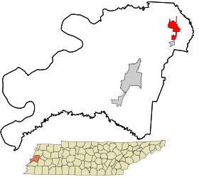 Lauderdale County Tennessee incorporated and unincorporated areas Halls highlighted.svg