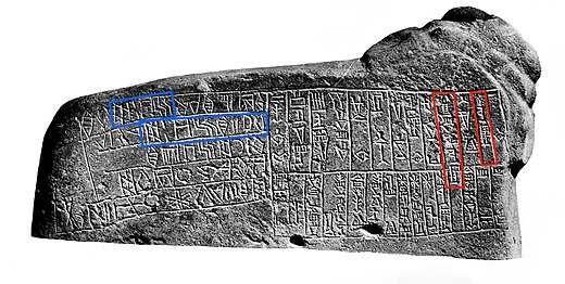 Bilingual Linear Elamite-Akkadian inscription of king Puzur-Inshushinak, Table au Lion, Louvre Museum Sb 17; the first successful readings of Linear Elamite in 1905 and 1912 were based on the presence of two words with similar endings in the known Akkadian Cuneiform ("Inshushinak" and "Puzur-Shushinak" in red), and correspondingly similar sets of signs in the Elamite translation (blue).