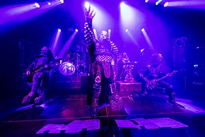 Lordi performing in 2022(L–R): Hiisi, Mana, Mr Lordi, Hella and Kone
