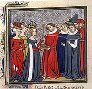 Луи II (в средата) получава владетеските инсигнии от мащехата му Рихилда (миниатюра от Grandes Chroniques de France)