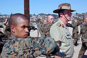 Leahy walks among recruits during his visit to the Marine Corps Recruit Depot San Diego, California, in 2004. Lt Gen Leahy.jpg