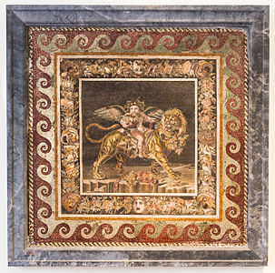 Roman volutes around a mosaic of young Dionysos drinking and riding a tiger, late 4th century BC, mosaic, National Archaeological Museum, Naples, Italy