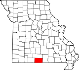 A state map highlighting Ozark County in the southern part of the state.