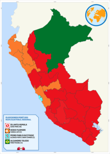 Leading candidate by region in the first round. MapaElectoralPeru2011Regiones.png
