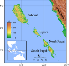 Topografia mapo de Mentavajaj Insuloj: Siberut estas la plej granda kaj plej norda.