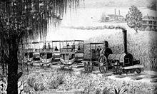 Pontchartrain Rail-Road in its early years, depicting a 4-2-0 locomotive and carriages, "Milneburg Train. Ponchartrain Railroad 5 mile line from Elysian Fields Street to the Shore of Lake Ponchartrain at Milneburg." Milneburg Train NOLA.jpg