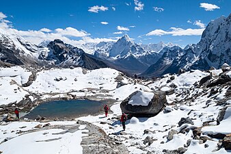 Mountains in snow, Mountain lake, Chola Valley, Nepal, Himalayas. Photograph: Vyacheslav Argenberg
