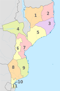 خريطة موزامبيق مع المحافظات مرقمه كما في الجدول