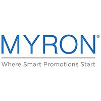 Text „MYRON“ v modrém na bílém pozadí s textem „Where Smart Promotions Start“ v šedé barvě.