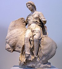 Goddess Aura of the Greek pantheon riding a horse sidesaddle by