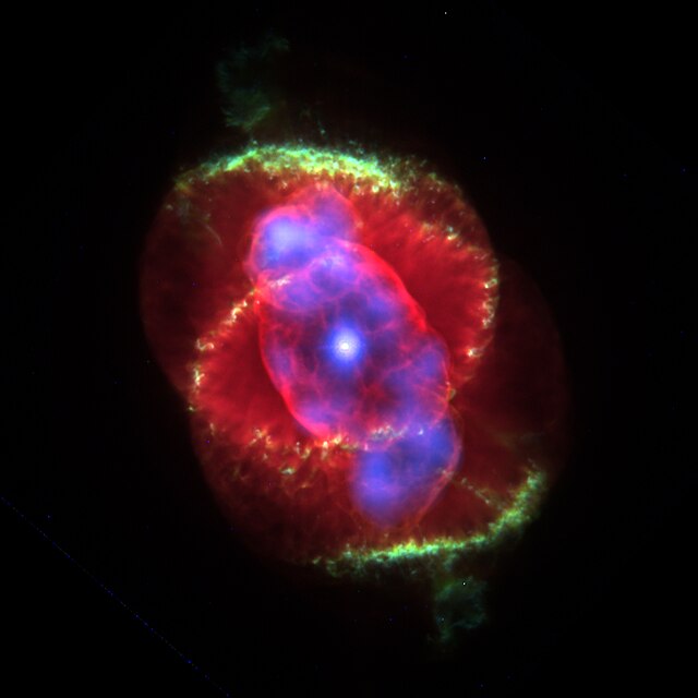 The image's organization is similar to that of a cat's eye. A bright almost pinpoint white circle in the center depicts the central star. The central star is encapsulated by a purple and red irregularly edged, elliptically shaped area that suggests a three dimensional shell. This is surrounded by a pair of superimposed circular regions of red with yellow and green edges, suggesting another three dimensional shell.