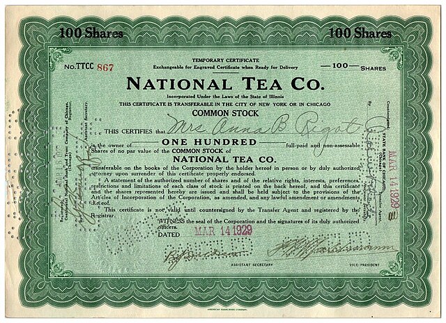 A 100-share National Tea Co. stock certificate from 1929.