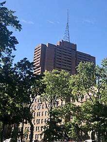 WVBN's radio tower, shared with WFUV, at Montefiore Medical Center. Norwood Montefiore II Dormitory tower - WNBM antenna IMG 6987 HLG.jpg