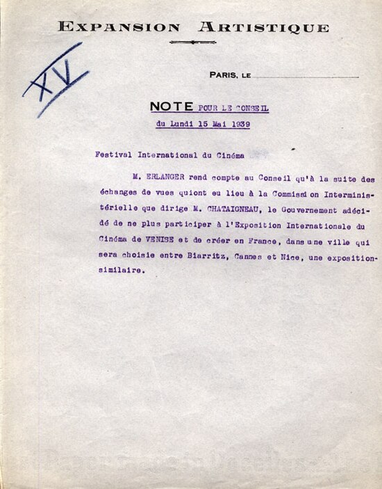 Note from 1939 with the French Government's decision not to participate at the Venice Film Festival anymore, but instead to host its own festival in B