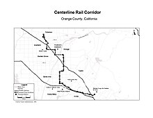 Original 1999 proposed route for CenterLine from Fullerton to Irvine. Later, a truncated "starter line" from Santa Ana to Irvine was proposed Orange County Centerline light rail route map.jpg